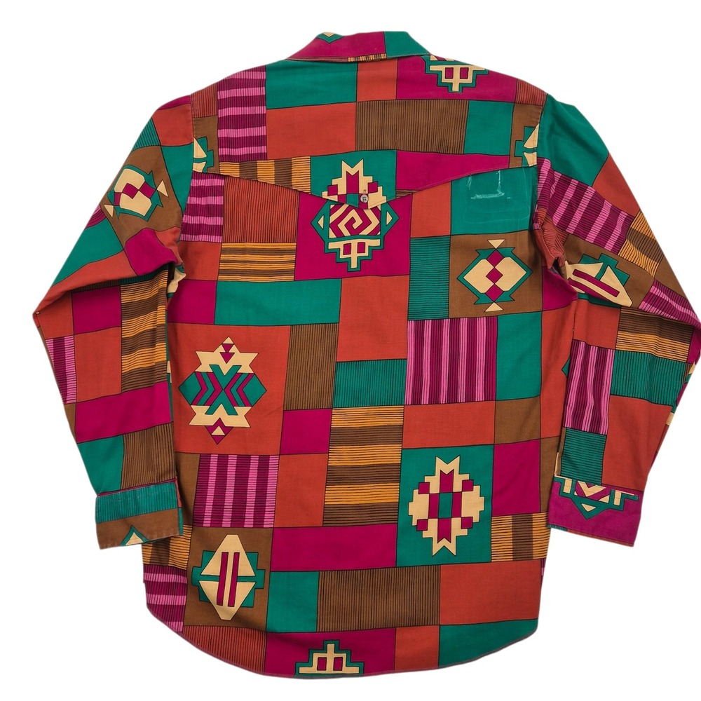 Wrangler Cowboy Cut Western Shirt Mens 16.5-35 Aztec Geometric Patchwork USA - Picture 2 of 11